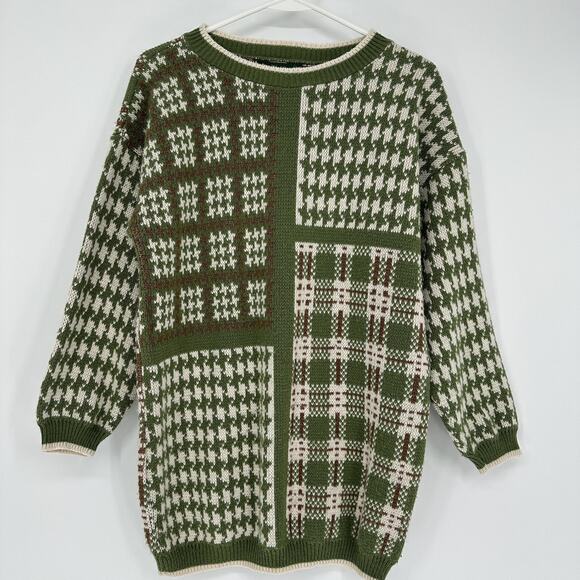 VINTAGE Dana Scott Sweater Womens Small Green Brown Patchwork Knit Made USA 90s - Picture 1 of 8